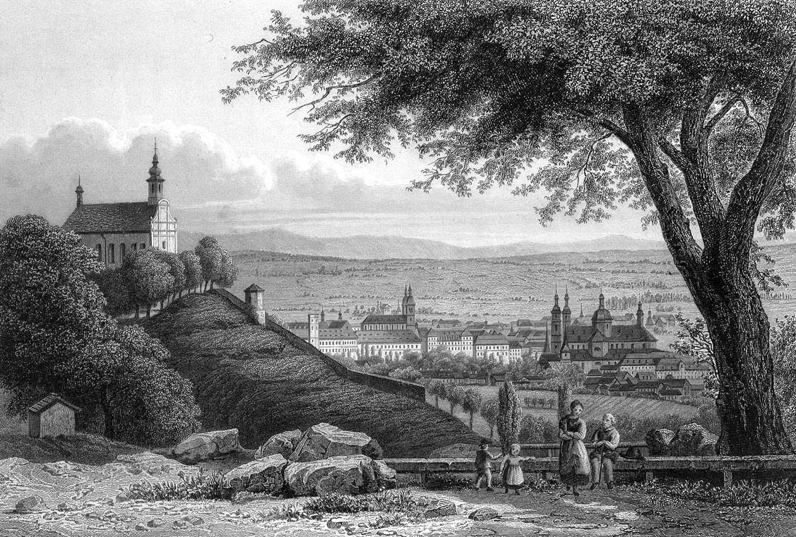 Franziskanerkloster Frauenberg vor Stadtansicht von Fulda 1850, Wikipedia